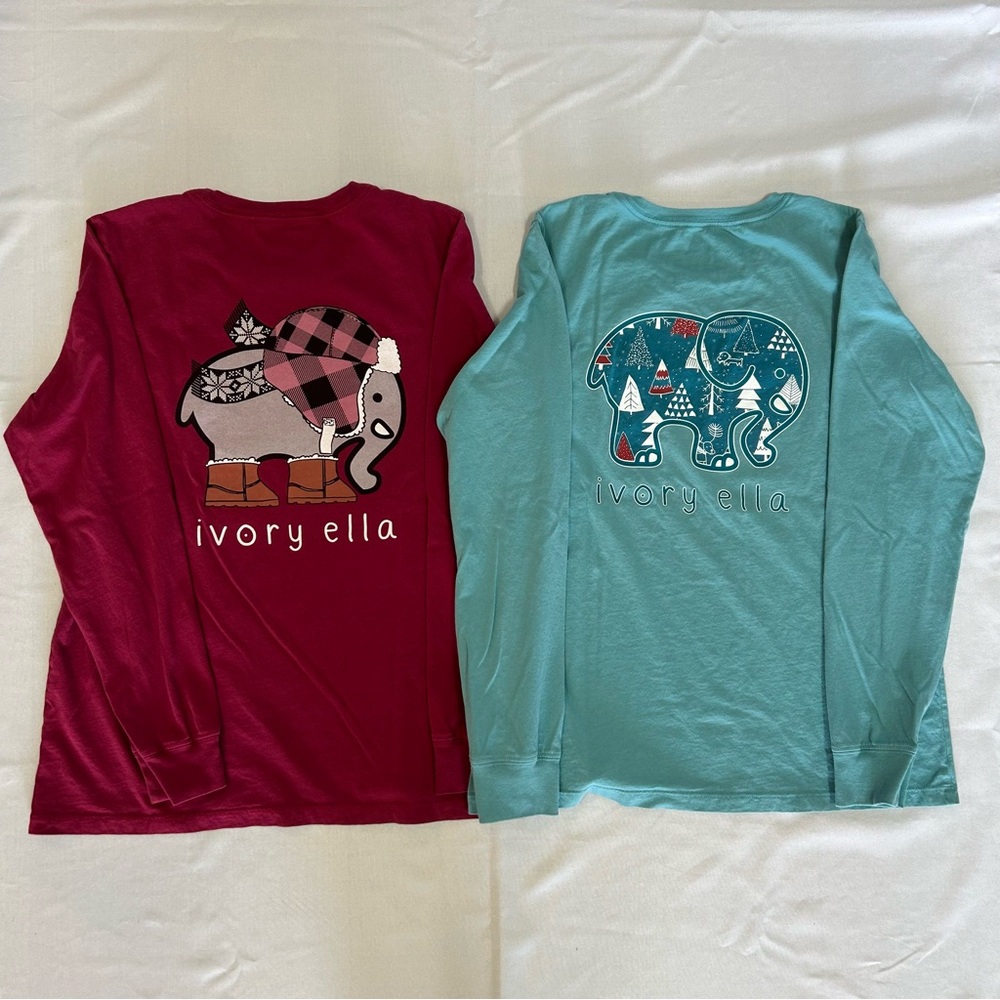 Lot of 2 Ivory Ella Christmas Long Sleeve Shirts Red & Turquoise Medium